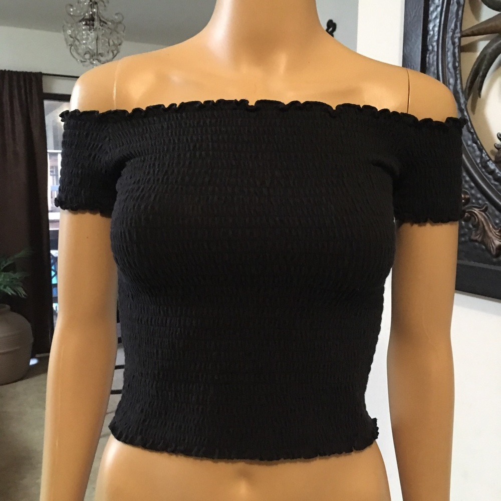 Hollister Off the Shoulder Crinkle Black Stretchy Sexy Top Small - Picture 2 of 9
